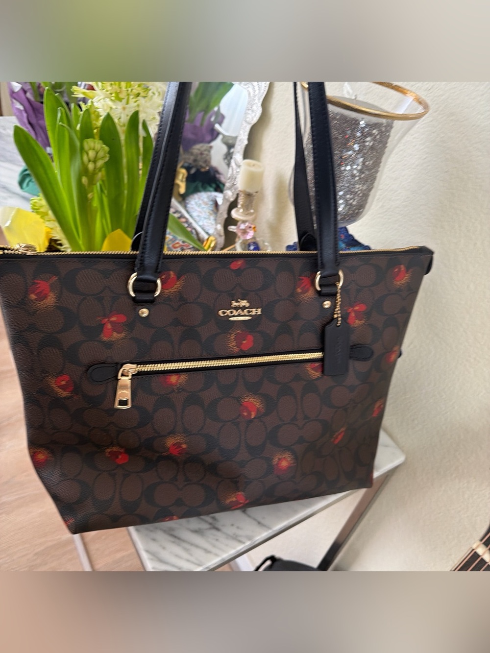 Coach Brown Signature Monogram Tote with Red Floral Accents - Picture 9 of 15